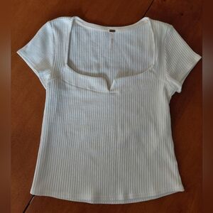 Free People Ribbed White Scoop Neck Notched Short Sleeve Top